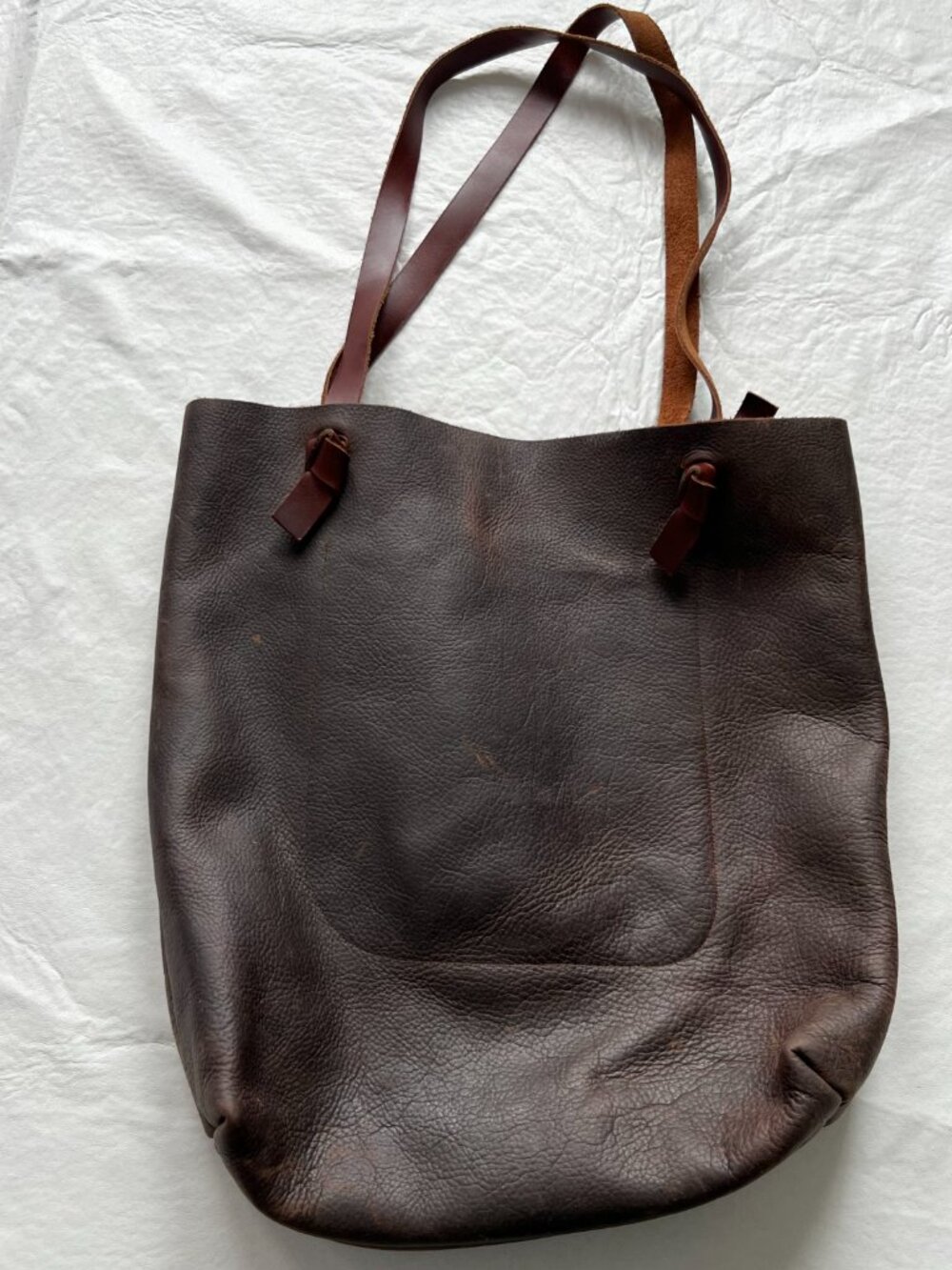 Milestone leather tote bag brown knot knotted top handles rectangular open - Picture 2 of 7
